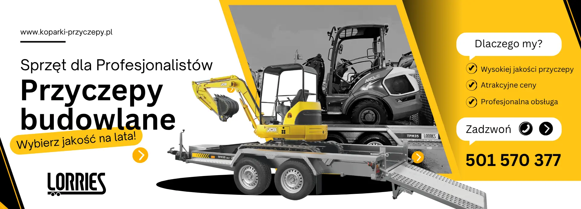 Żółta minikoparka JCB na dwuosiowej przyczepie budowlanej Lorries TPM do transportu ciężkiego sprzętu budowlanego